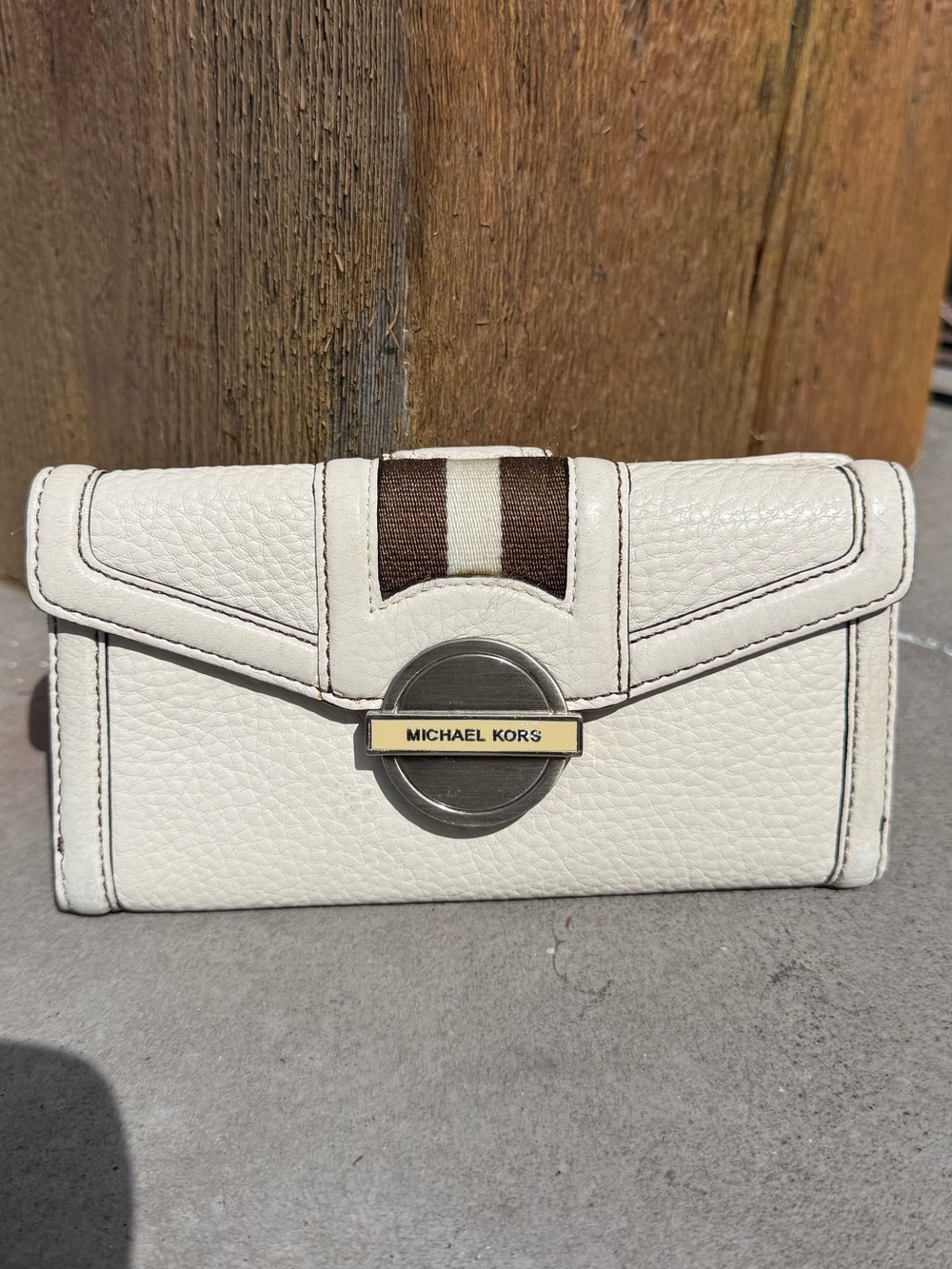 Michael Kors White Pebbled Leather Wallet with Brown Stripe